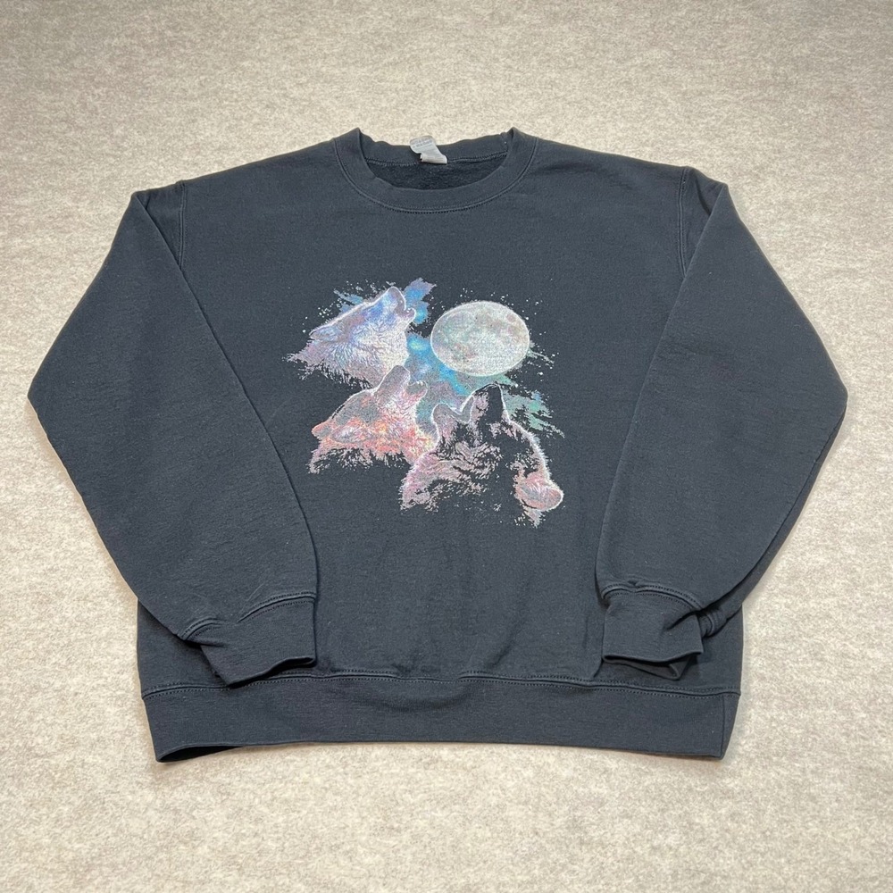 Vintage 90s Y2K Gildan Heavy Blend Howling Wolves Moon Graphic‎ Black Small